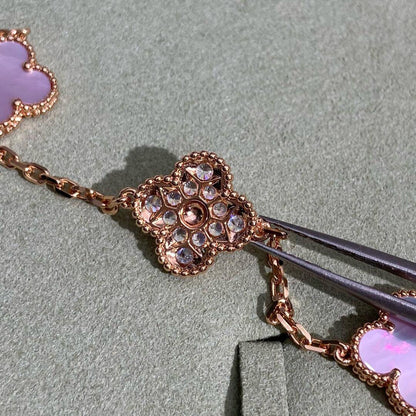 [Luna Brilliance]CLOVER 10 MOTIFS DIAMOND PINK MOP NECKLACE