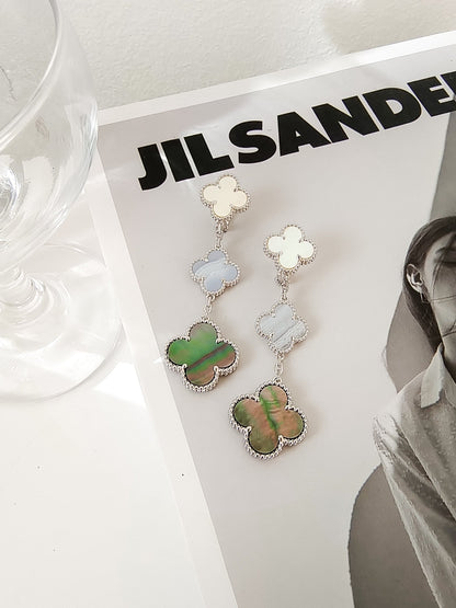 [Luna Brilliance]CLOVER 3 MOTIFS CHALCEDONY DARK MOP SILVER EARRINGS