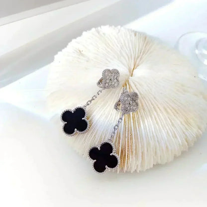 [Luna Brilliance]CLOVER 2 MOTIFS  DIAMOND ONYX EARRINGS SILVER