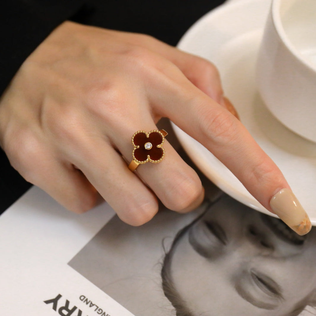 [Luna Brilliance]CLOVER CARNELIAN RING ROSE GOLD DIAMOND