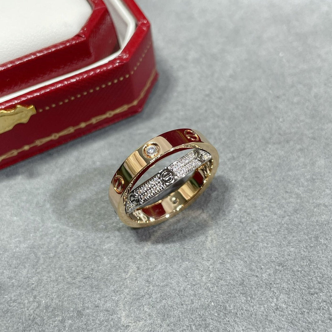 [Luna Brilliance]LOVE PINK GOLD SILVER DIAMOND DOUBLE RING