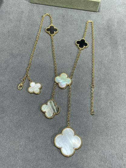 [Luna Brilliance]CLOVER 6 MOTIF MOP ONYX GOLD NECKLACE