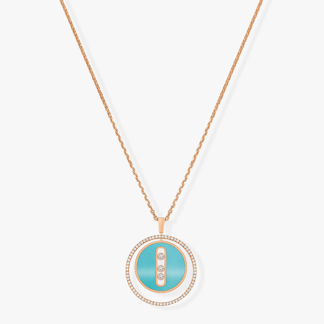 [Luna Brilliance]LUCKY MOVE 3 DIAMONDS TURQUOISE PINK GOLD DIAMOND NECKLACE