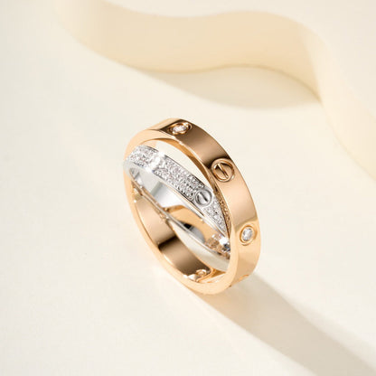 [Luna Brilliance]LOVE PINK GOLD SILVER DIAMOND DOUBLE RING