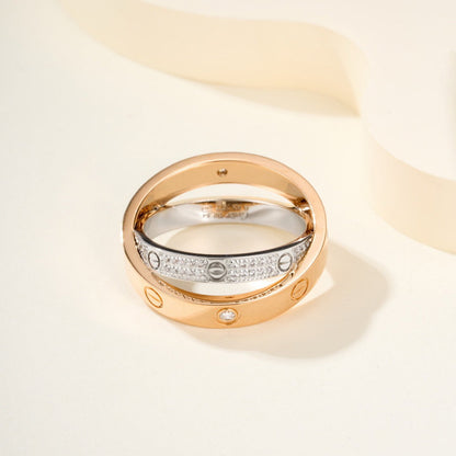 [Luna Brilliance]LOVE PINK GOLD SILVER DIAMOND DOUBLE RING