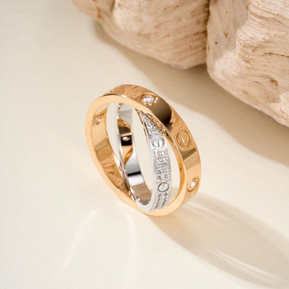 [Luna Brilliance]LOVE PINK GOLD SILVER DIAMOND DOUBLE RING