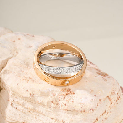 [Luna Brilliance]LOVE PINK GOLD SILVER DIAMOND DOUBLE RING