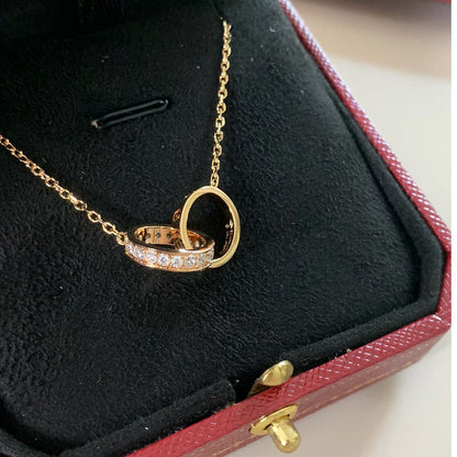 [Luna Brilliance]LOVE DOUBLE RING HALF DIAMOND NECKLACE