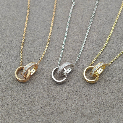 [Luna Brilliance]LOVE DOUBLE RING HALF DIAMOND NECKLACE