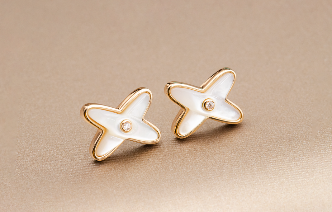 [Luna Brilliance]JEUX DE WHITE MOP ROSE GOLD DIAMOND EARRINGS
