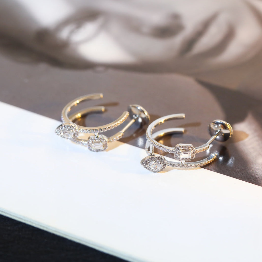 [Luna Brilliance]CREOLES MY TWIN 2 RANGS SILVER DIAMOND EARRINGS