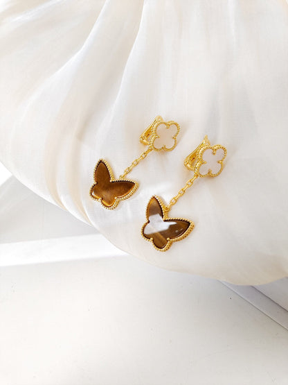 [Luna Brilliance]BUTTERFLY 2 MOTIF TIGER EYE MOP EARRINGS