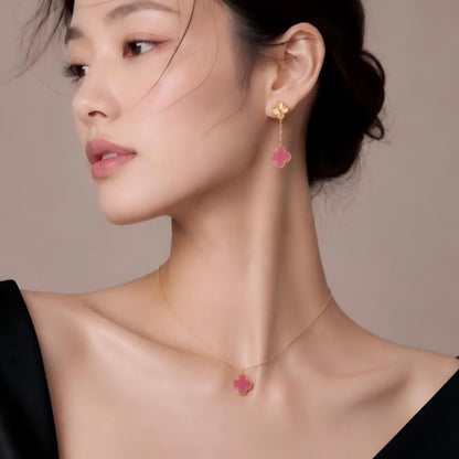 [Luna Brilliance] CLOVER 1 MOTIFS PINK ENAMEL NECKLACE